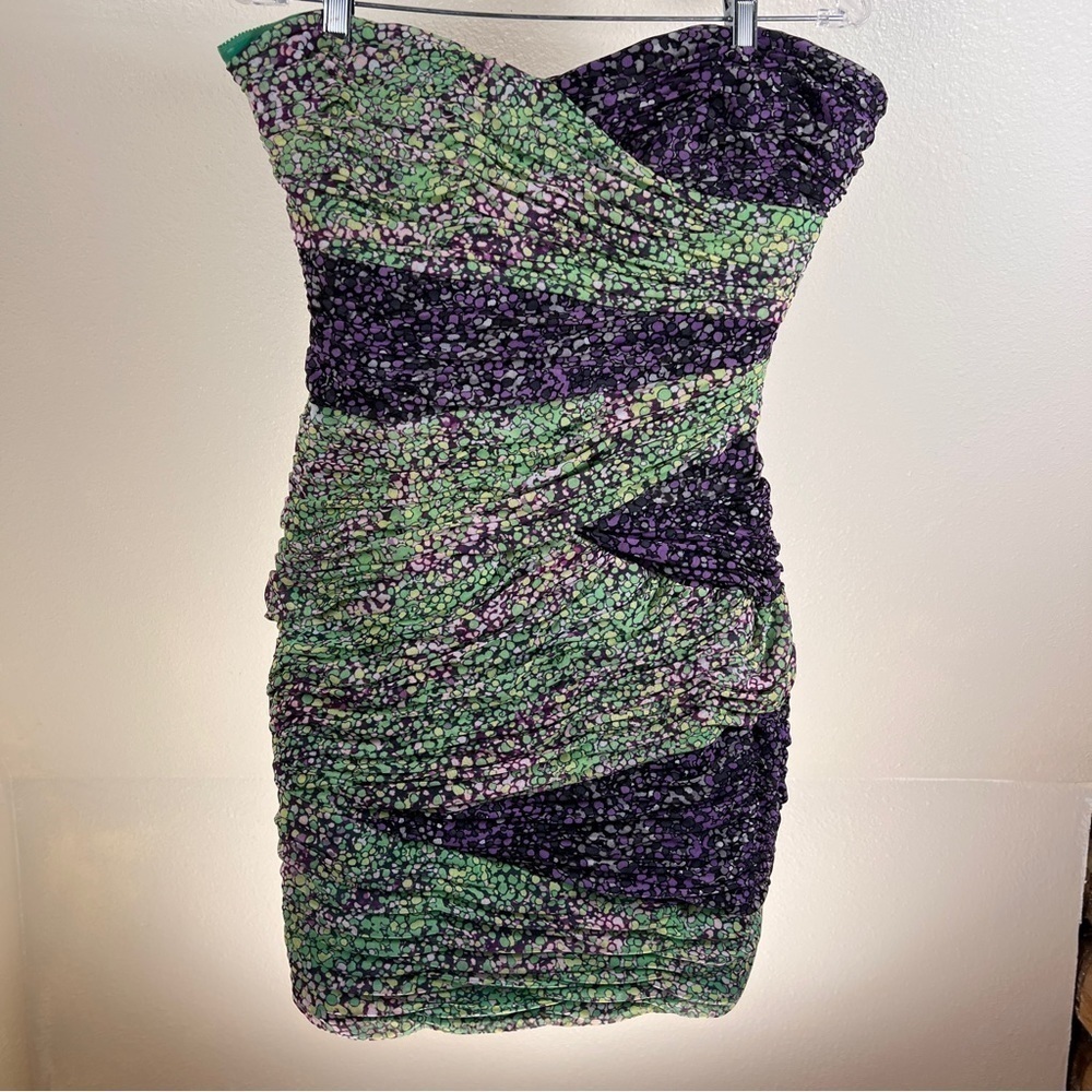 BCBG MAXAZRIA Strapless Gown. Purple & Green Swatches of crossed Gathered fabric